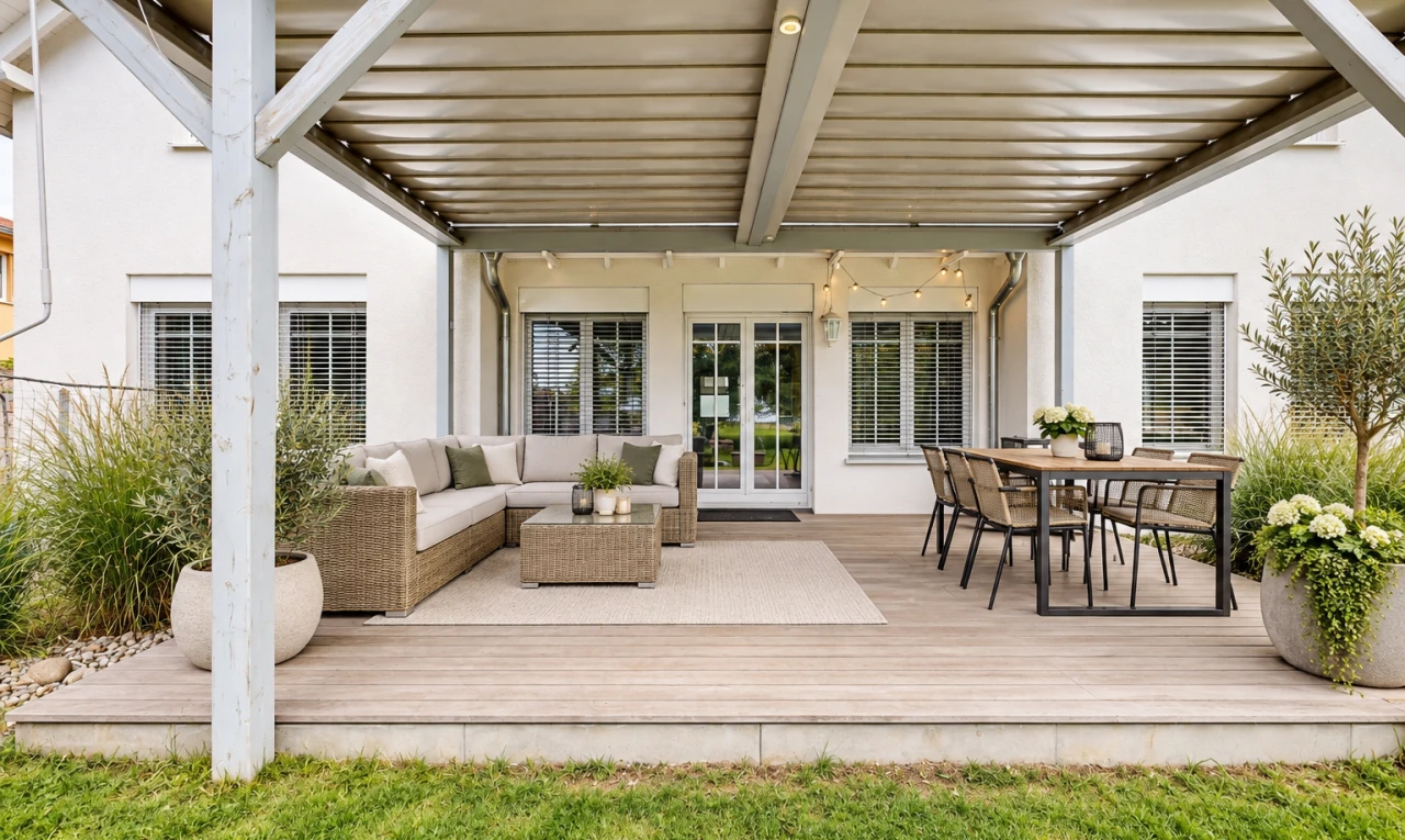 terrasse avec terrasse, espace de vie extérieur, coin repas extérieur, property visible, et from property