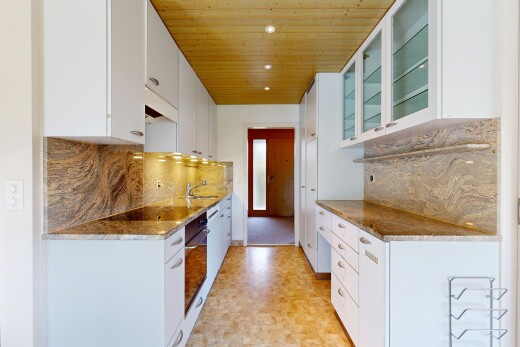 küche mit schränke mit glastüren, durchgangsküche, küchenrückwand beim herd, küchenrückwand beim Herd, und holzdecke