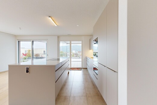 küche mit schränke mit flachen paneelen, natürliches licht, natural light, kücheninsel, und inside property