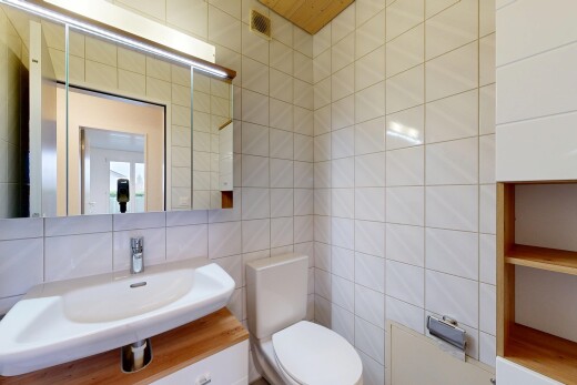 bad mit fliesenwand, tile wall, gäste-wc, inside property, und spiegel