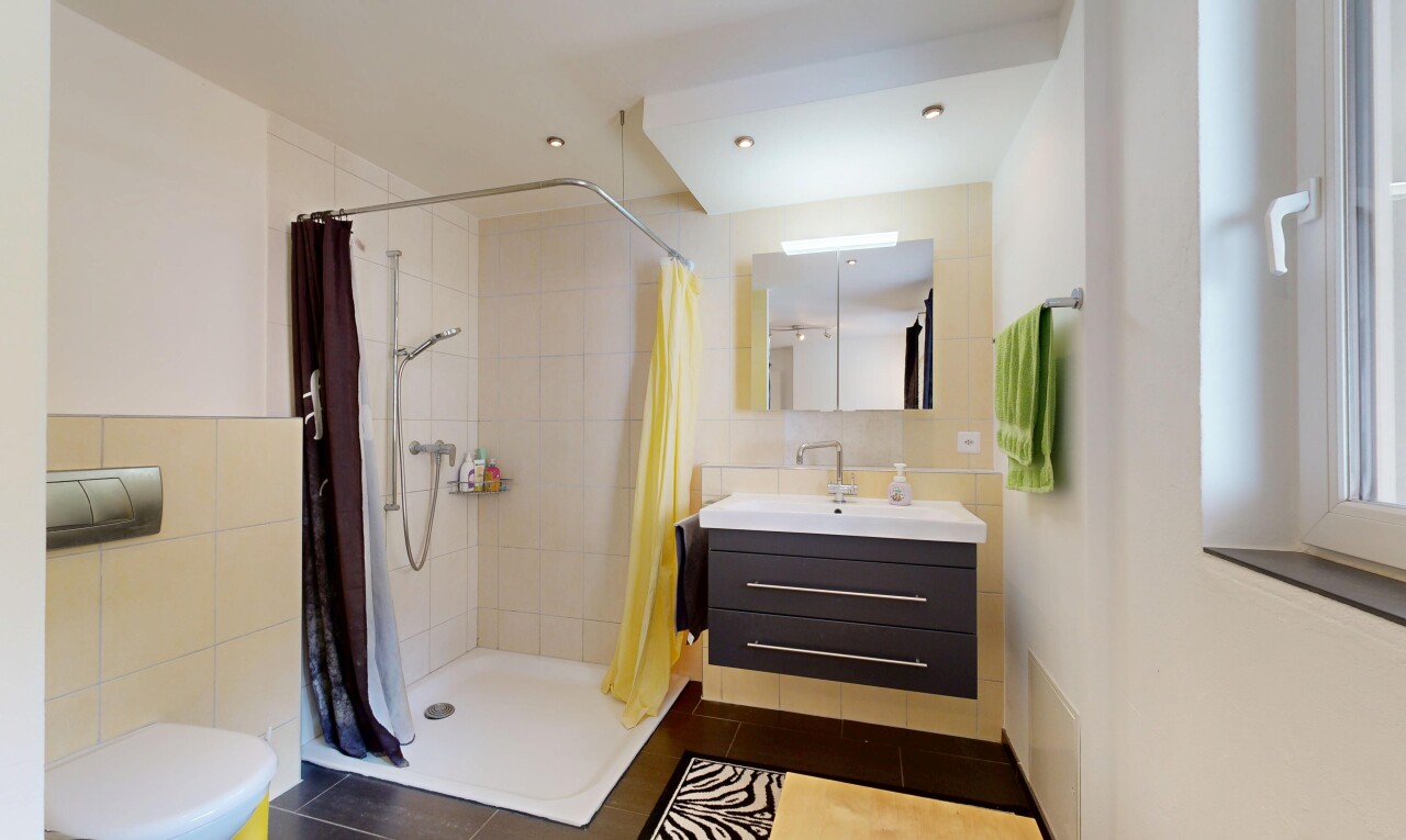 salle de bains avec douche, lavabo (ou coiffeuse selon le contexte), salle de bain complète, tile wall, et mur en carrelage