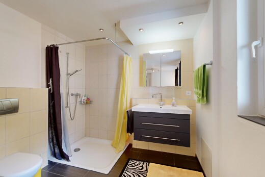 salle de bains avec douche, lavabo (ou coiffeuse selon le contexte), salle de bain complète, tile wall, et mur en carrelage