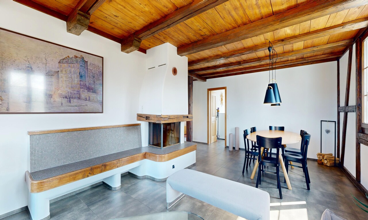 salon / salle à manger avec inside community, concrete tile, plafond en bois, wood ceiling, et cloison sèche