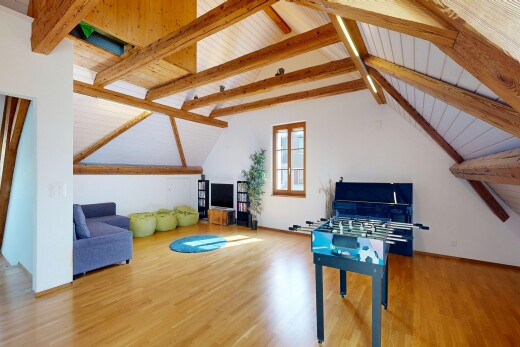 wohnzimmer mit kathedralendecke, cathedral ceiling, inside property, holzfußboden, und wood finish floor