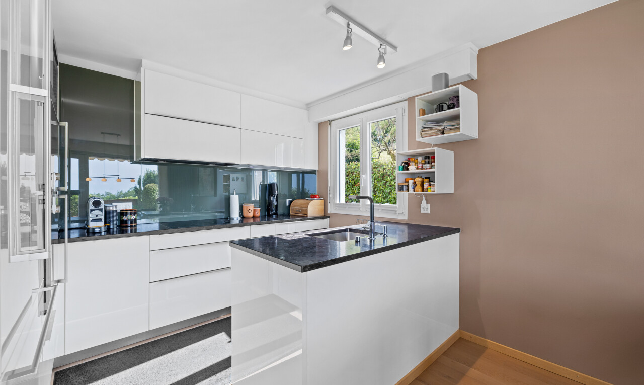 küche mit waschbecken, schränke mit flachen paneelen, inside property, holzfußboden, und wood finish floor