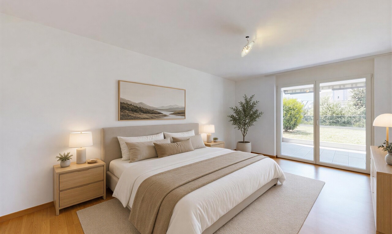 zimmer / schlafzimmer mit außenzugang, inside property, gipskartonwand, drywall, und natürliches licht