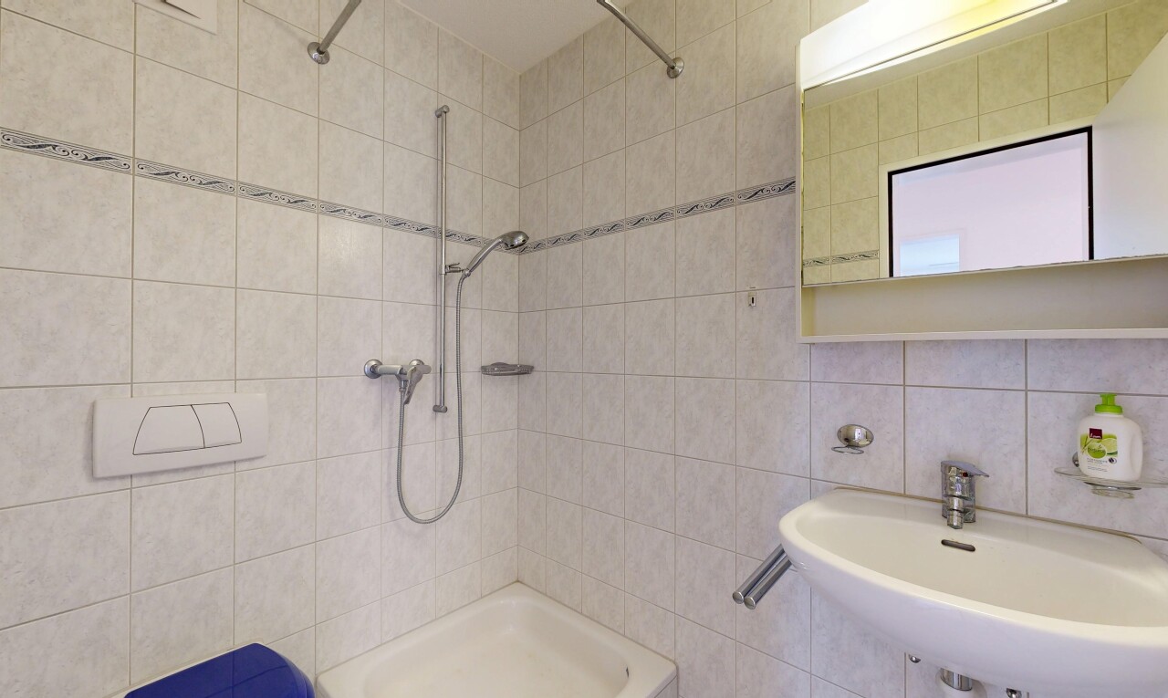bad mit komplettes badezimmer, dusche, waschbecken, tile wall, und fliesenwand