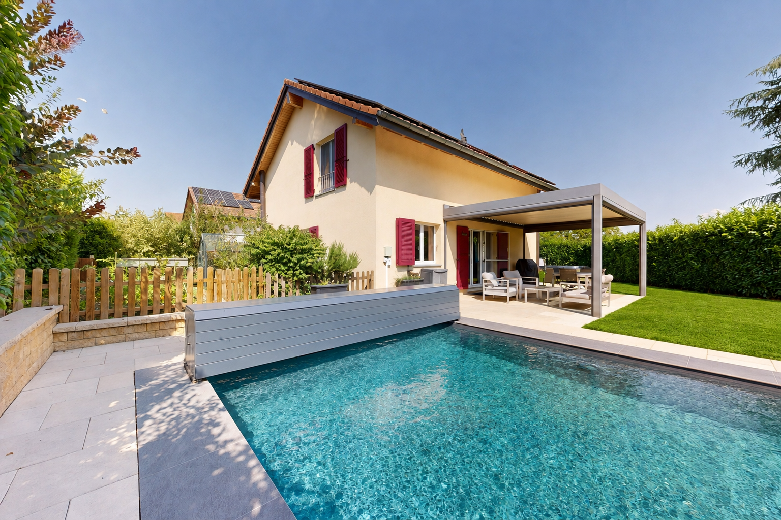 piscine avec piscine, from property, clôture, terrasse, et espace de vie extérieur