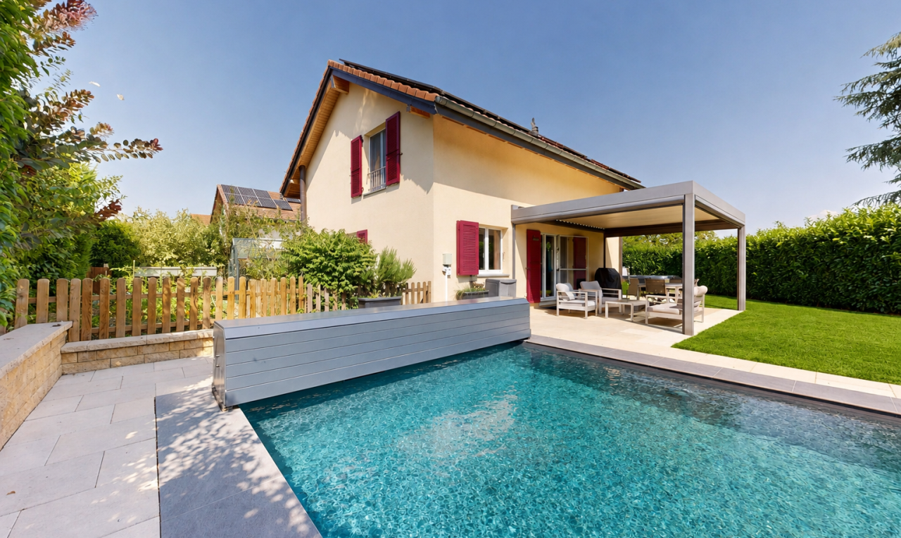 piscine avec piscine, from property, clôture, terrasse, et espace de vie extérieur