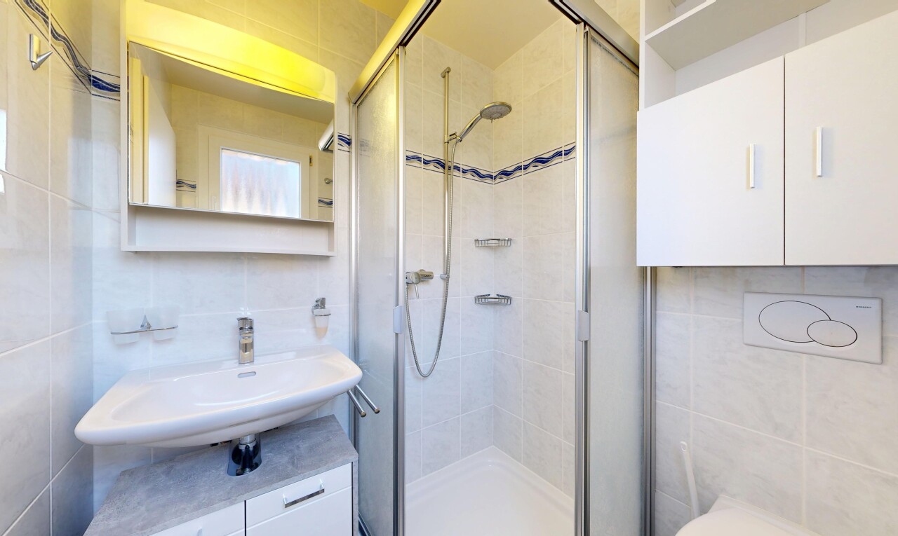 salle de bains avec tile wall, mur en carrelage, miroir, salle de bain complète, et douche