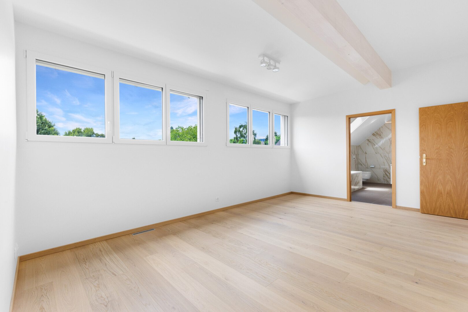 pièce vide avec day time, sol en finition bois, wood finish floor, lumière naturelle, et natural light