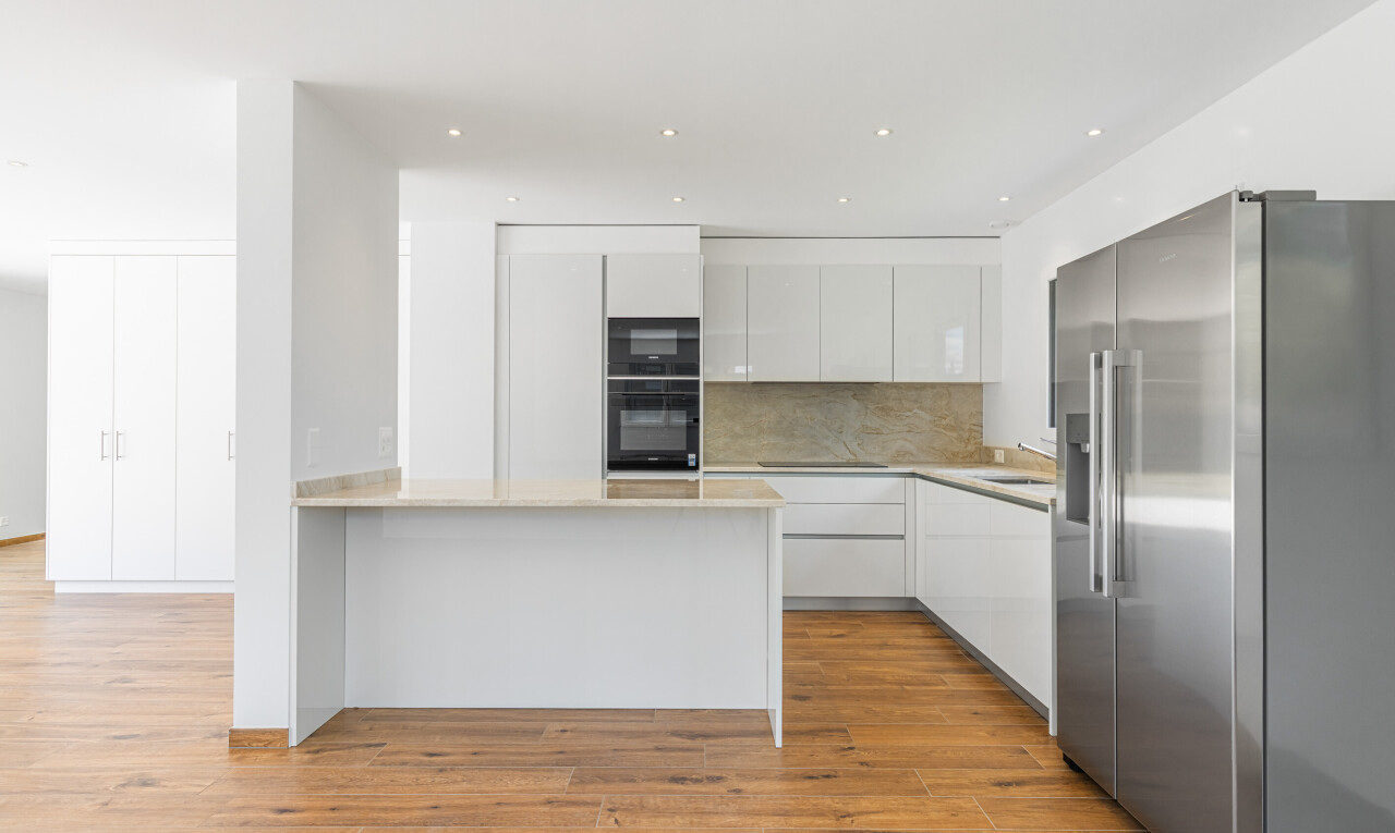 küche mit flat panel cabinets, schränke mit flachen paneelen, kühlschrank, light countertops, und holzfußboden