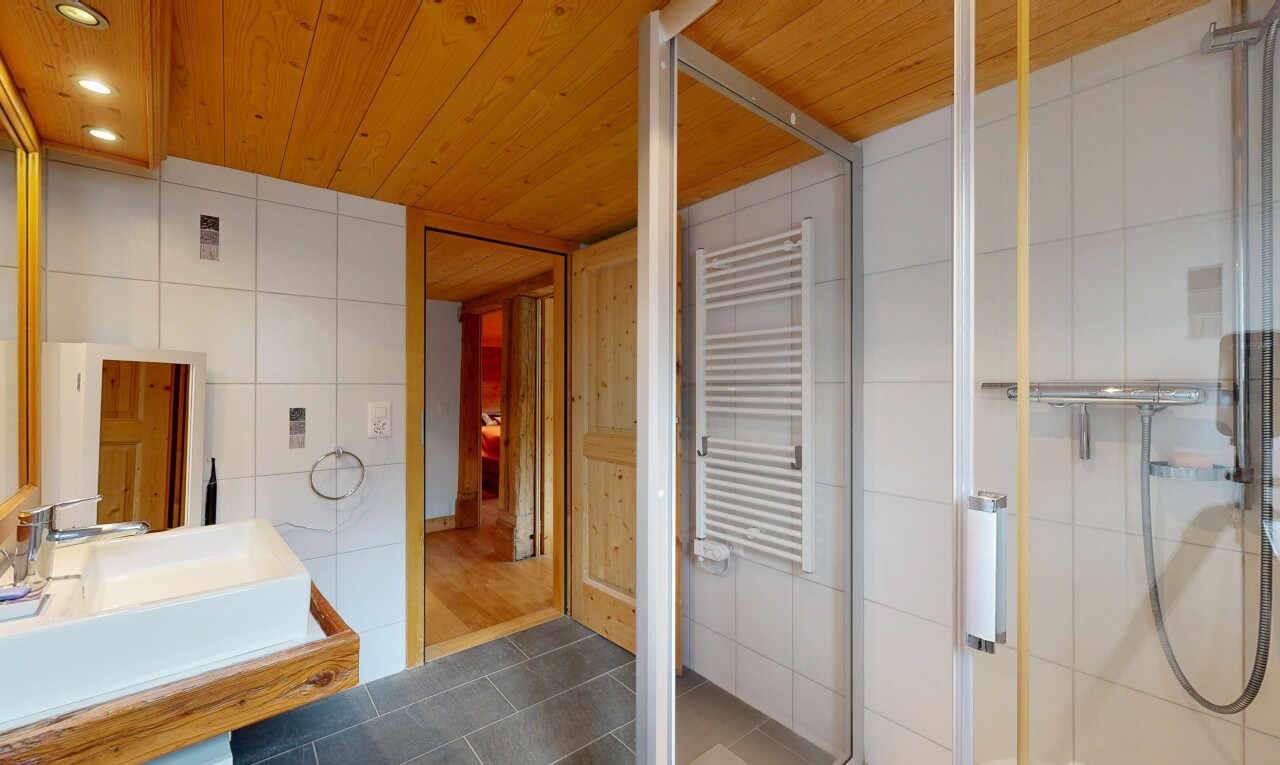 salle de bains avec mur en carrelage, tile wall, chauffe-serviettes, douche, et salle de bain complète