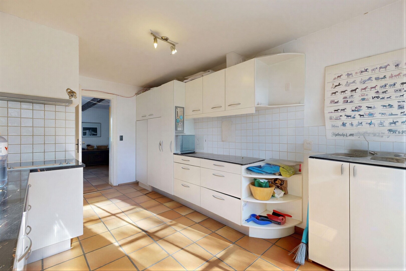küche mit dark countertops, light floor, inside property, open shelves, und offene regale