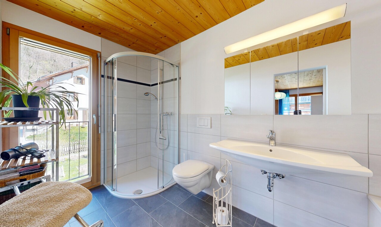 salle de bains avec miroir, wood ceiling, plafond en bois, salle de bain complète, et douche