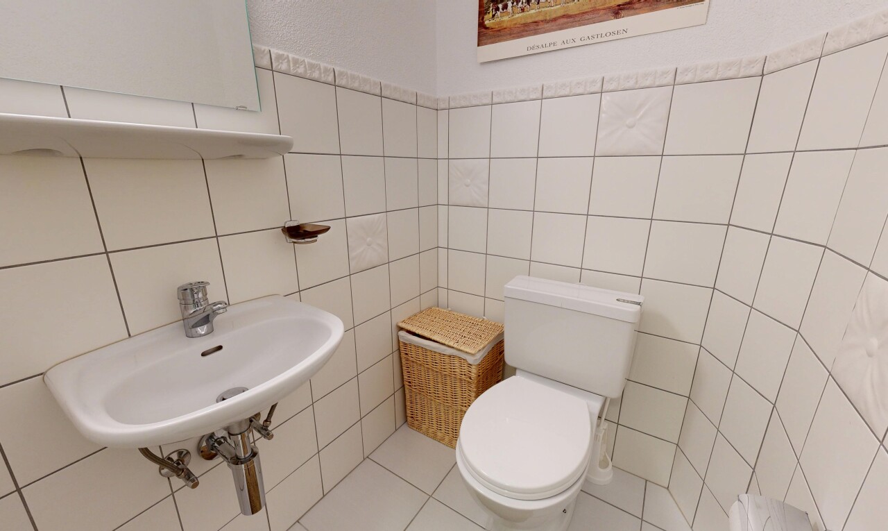bad mit gäste-wc, fliesenboden, tile floor, toilette, und waschbecken