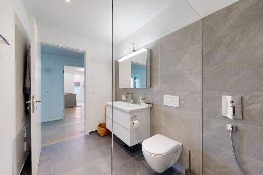 salle de bains avec miroir, lavabo (ou coiffeuse selon le contexte), mur en carrelage, tile wall, et salle de bain complète
