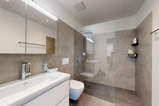 salle de bains avec douche, salle de bain complète, miroir, lavabo (ou coiffeuse selon le contexte), et évier
