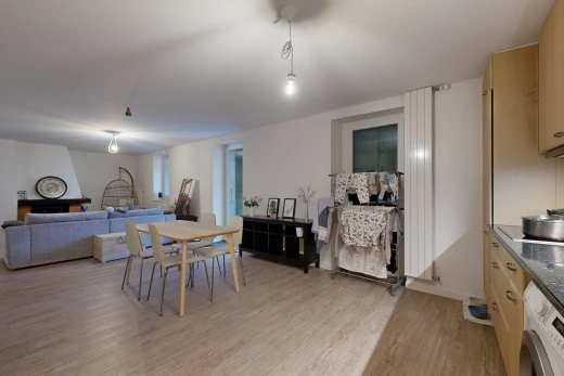 salon / salle à manger avec cheminée, plancher de bois, et machine à laver / sèche-linge