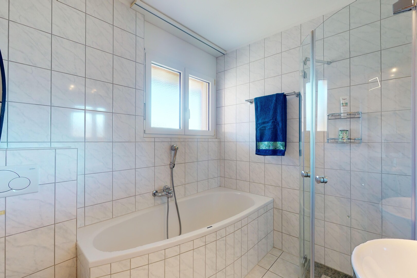 salle de bains avec douche, lumière naturelle, et mur carrelé
