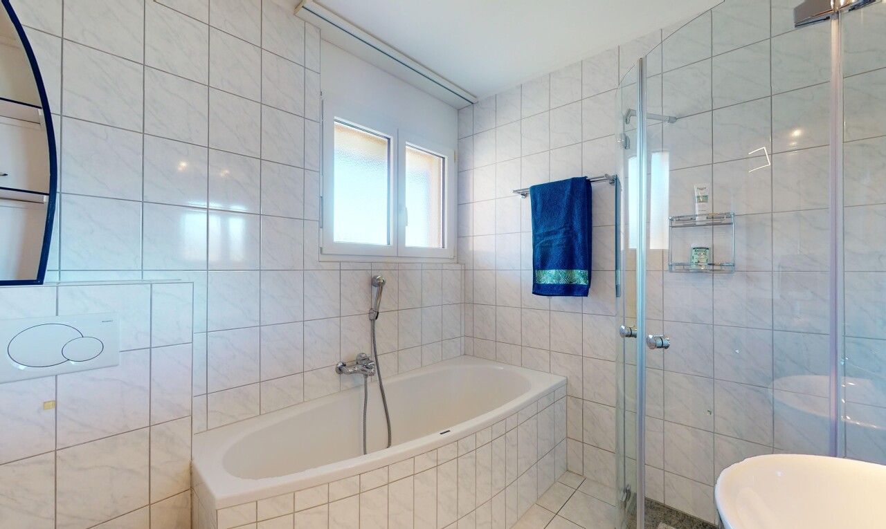 salle de bains avec douche, lumière naturelle, et mur carrelé