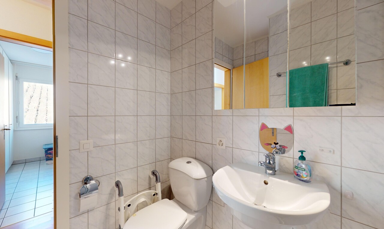 salle de bains avec vasque, lumière naturelle, miroir, et mur carrelé