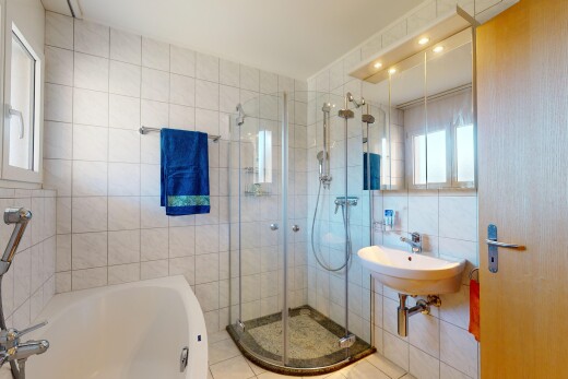 salle de bains avec douche, mur carrelé, miroir, et lumière naturelle