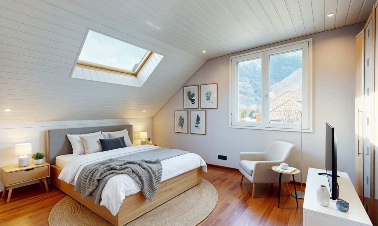 chambre avec éclairage encastré, recessed lighting, pièce supplémentaire, lumière naturelle, et natural light