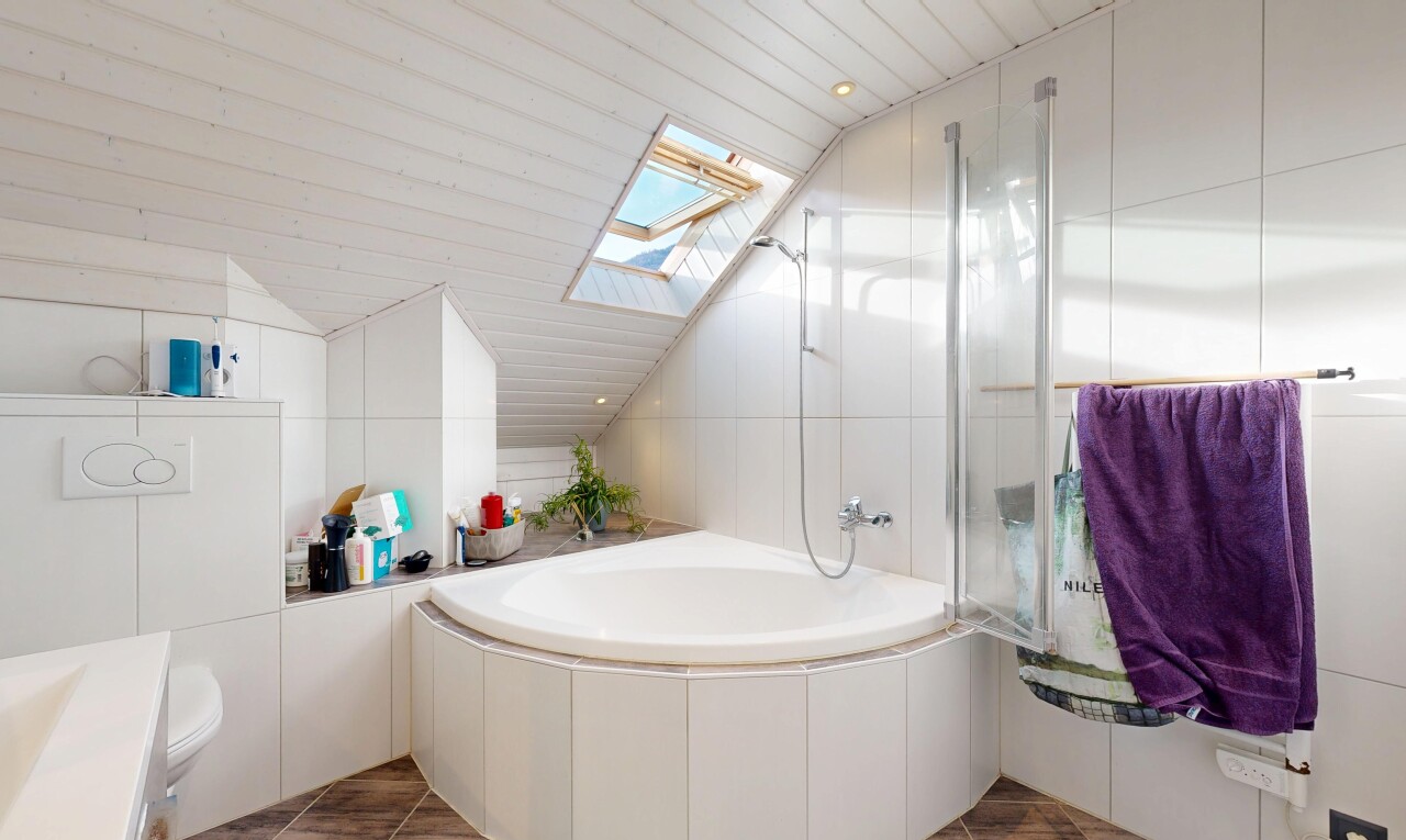 salle de bains avec puits de lumière, salle de bain complète, inside property, dark floor, et éclairage encastré