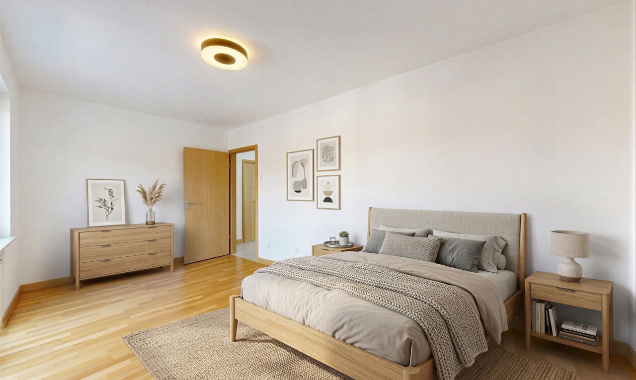 zimmer / schlafzimmer mit inside property, gipskartonwand, drywall, holzfußboden, und wood finish floor