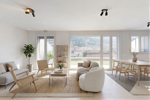 salon / salle à manger avec cloison sèche, drywall, lumière naturelle, natural light, et virtually staged