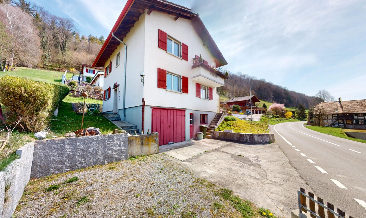 außenansicht mit treppen, auffahrt, eingebaute garage, kellergarage, und stuckverkleidung
