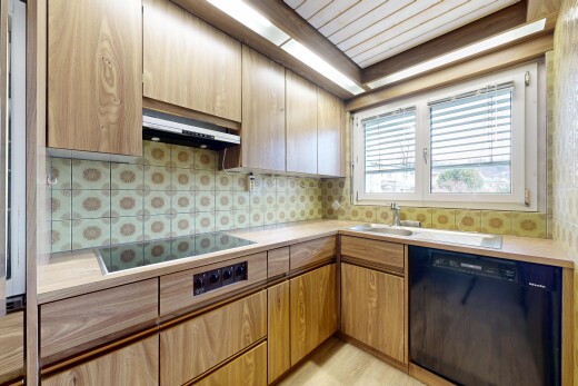 küche mit geschirrspülmaschine, arbeitsplatten, dunstabzugshaube, inside property, und natürliches licht