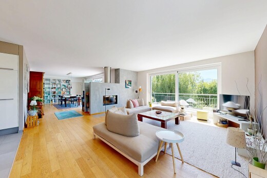 salon avec wood finish floor, sol en finition bois, inside property, télévision, et natural light