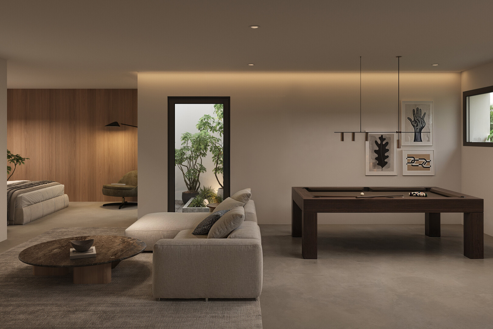living room with concrete floors, wooden walls, and pool table