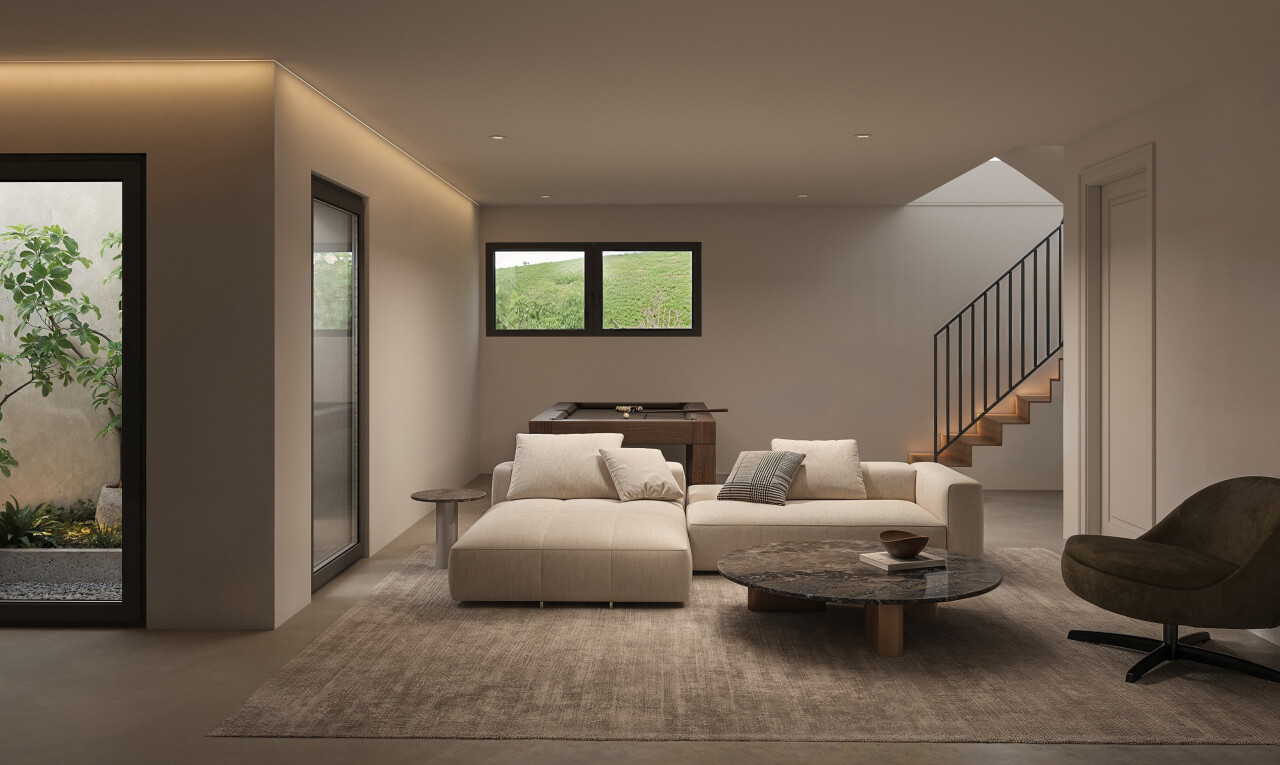 living area with stairs and concrete floors