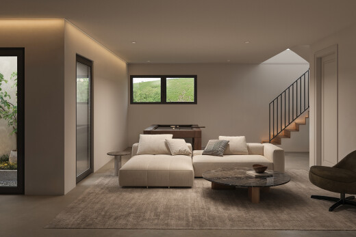 living area with stairs and concrete floors