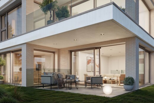 außenansicht mit wohnraum im freien, terrasse, ziegelverkleidung, property visible, und rendered