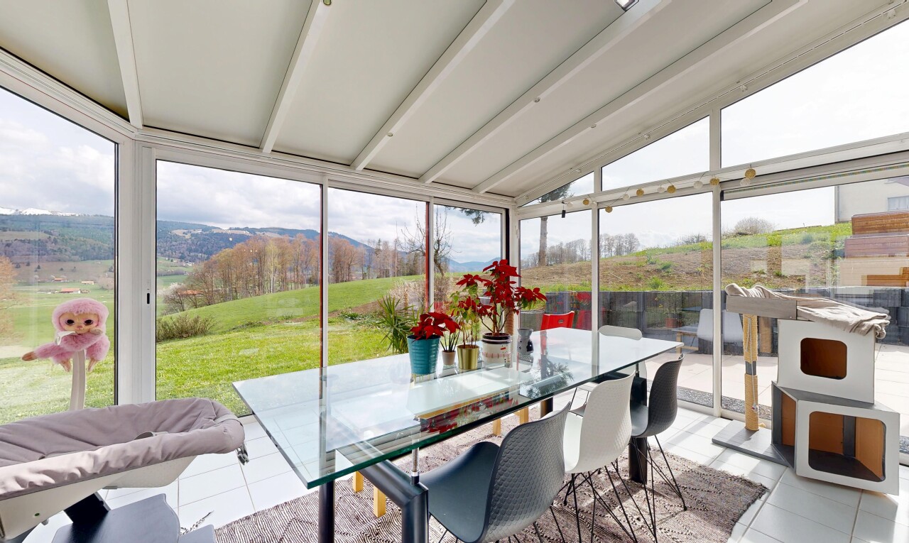 esszimmer mit natürliches licht, natural light, bodendeckenfenster, floor ceiling windows, und overcast