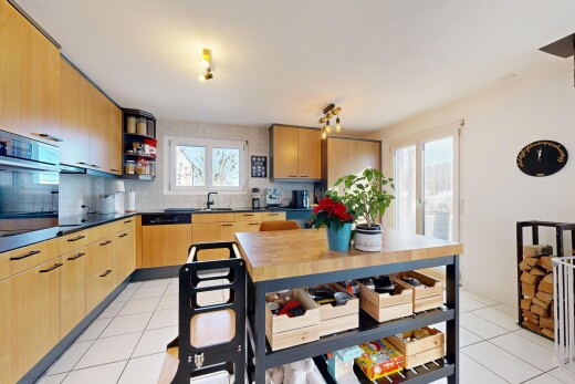 kitchen with dark countertops, backsplash, open shelves, light tile patterned flooring, and oven