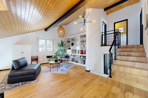 living room with wood ceiling, stairs, hardwood / wood-style floors, and a chandelier