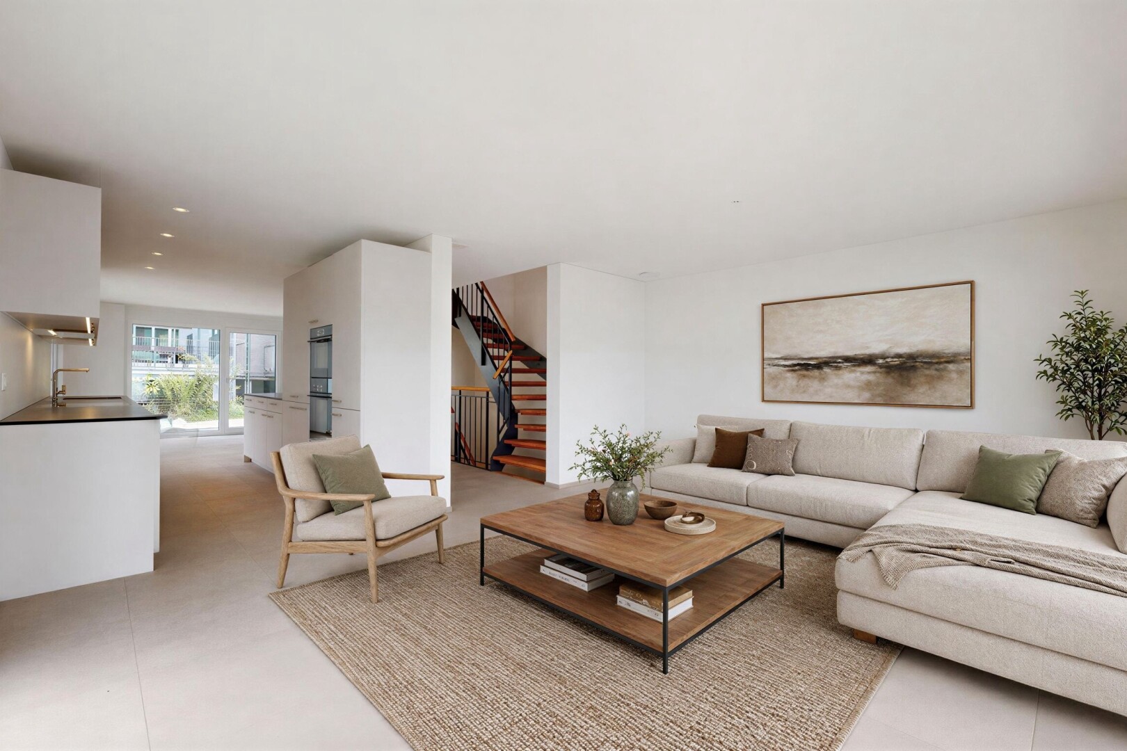 wohnzimmer mit inside property, drywall, gipskartonwand, treppen, und natural light
