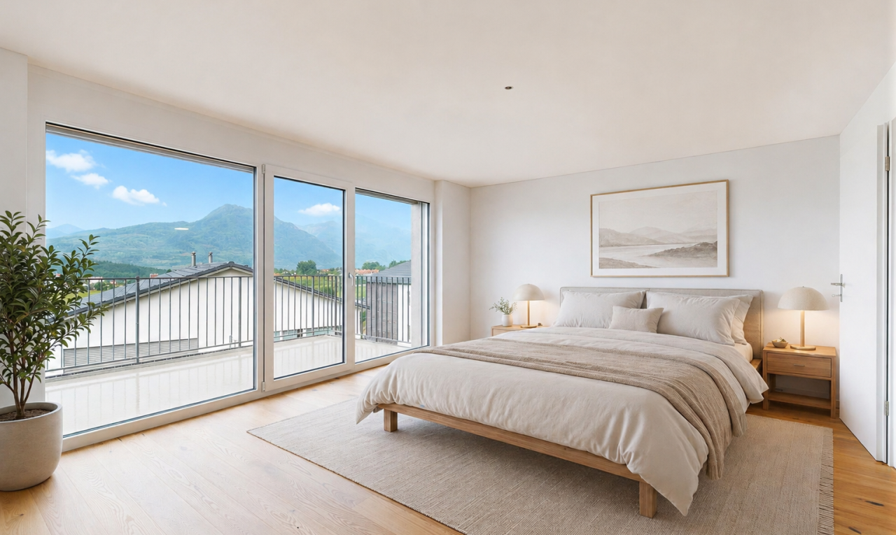 zimmer / schlafzimmer mit mountain view, blick auf die berge, holzfußboden, wood finish floor, und inside property