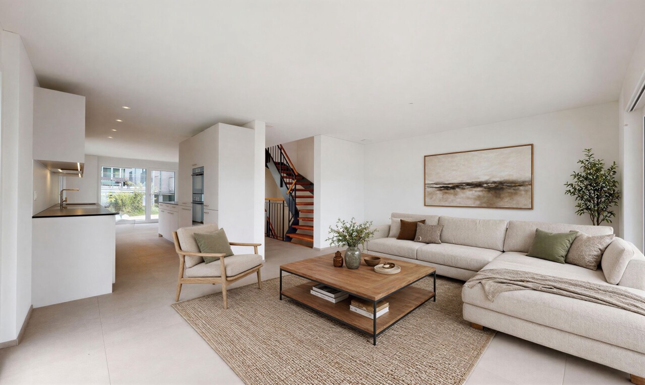 wohnzimmer mit inside property, drywall, gipskartonwand, treppen, und natural light