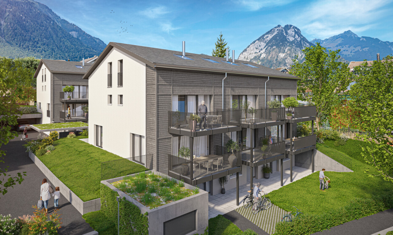 außenansicht mit blick auf die berge, mountain view, rasen, balkon, und day time