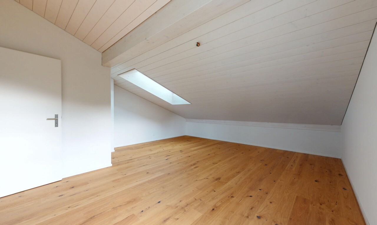 leerer raum mit dachschräge, vaulted ceiling, zusätzliches zimmer, dachfenster, und holzfußboden