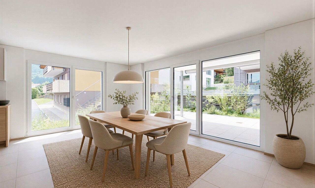 esszimmer mit inside property, virtually staged, natural light, natürliches licht, und drywall