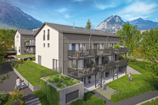 außenansicht mit blick auf die berge, mountain view, rasen, balkon, und day time