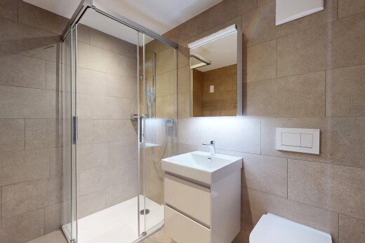 bad mit komplettes badezimmer, schminktisch, spiegel, dusche, und inside property