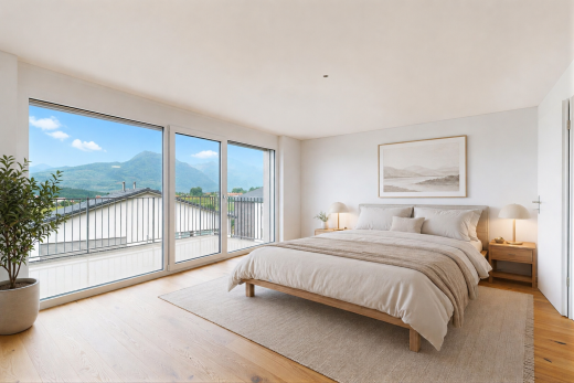 zimmer / schlafzimmer mit mountain view, blick auf die berge, holzfußboden, wood finish floor, und inside property